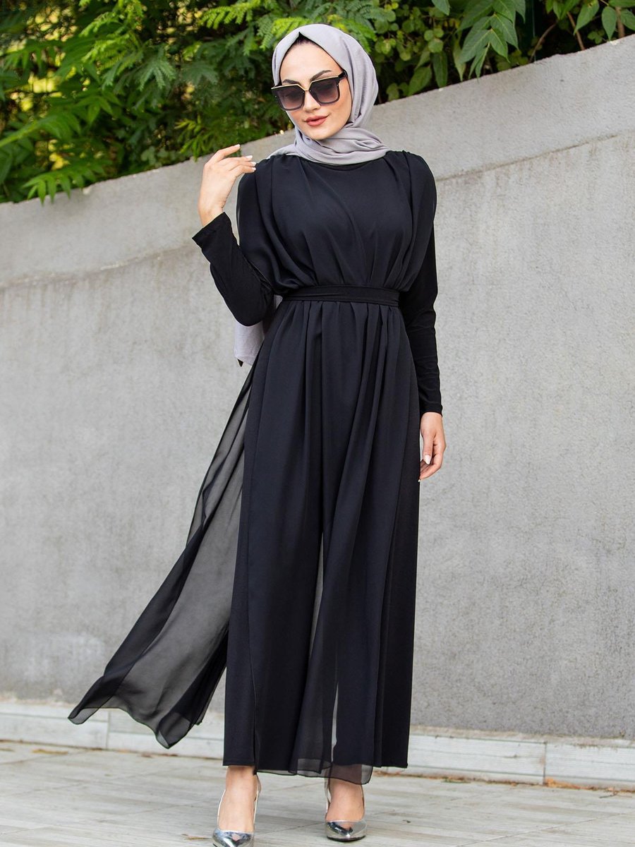 Tesettür Çarşım Şifon Detaylı Sandy Abiye Elbise Tulum Siyah