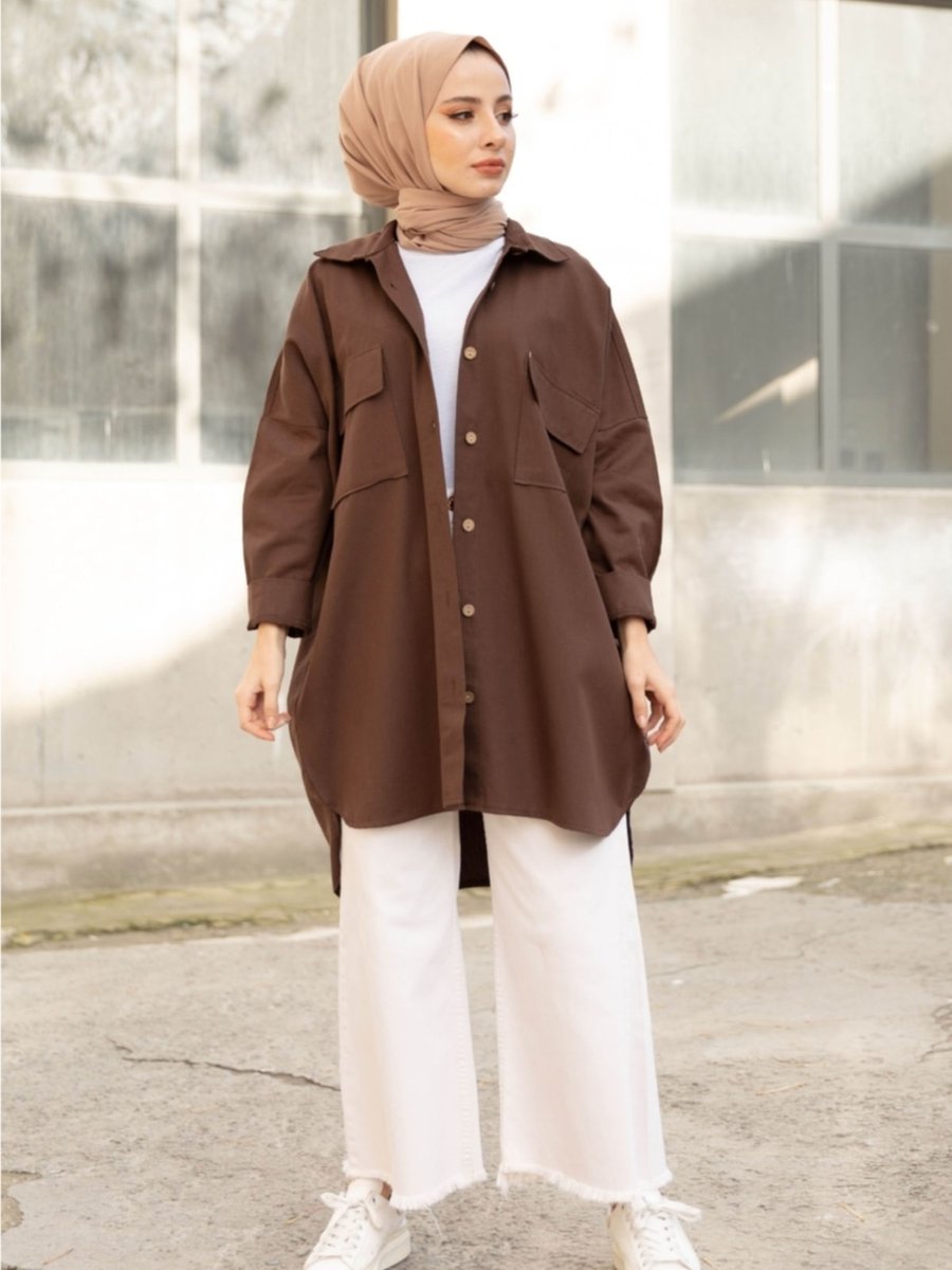 Caramel Butik Çift Cep Kapaklı Oversize Gabardin Gömlek