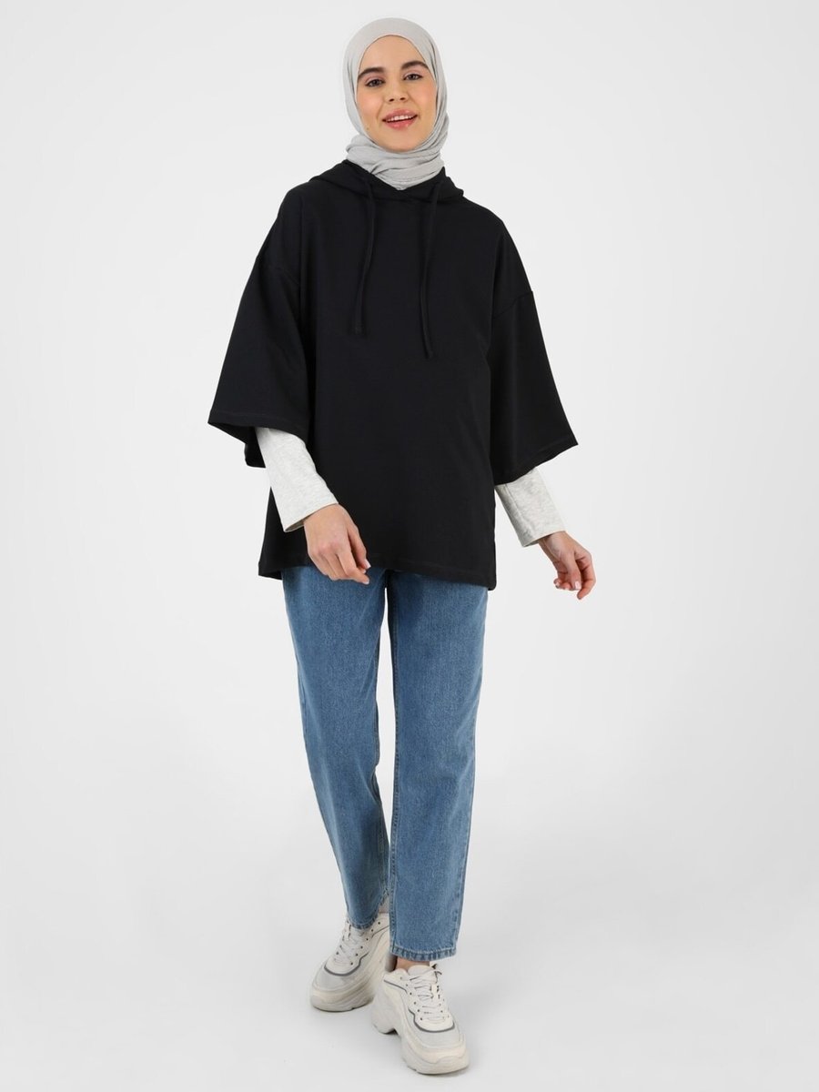 Refka Kapüşonlu Yarım Kollu Oversize Sweatshirt Siyah