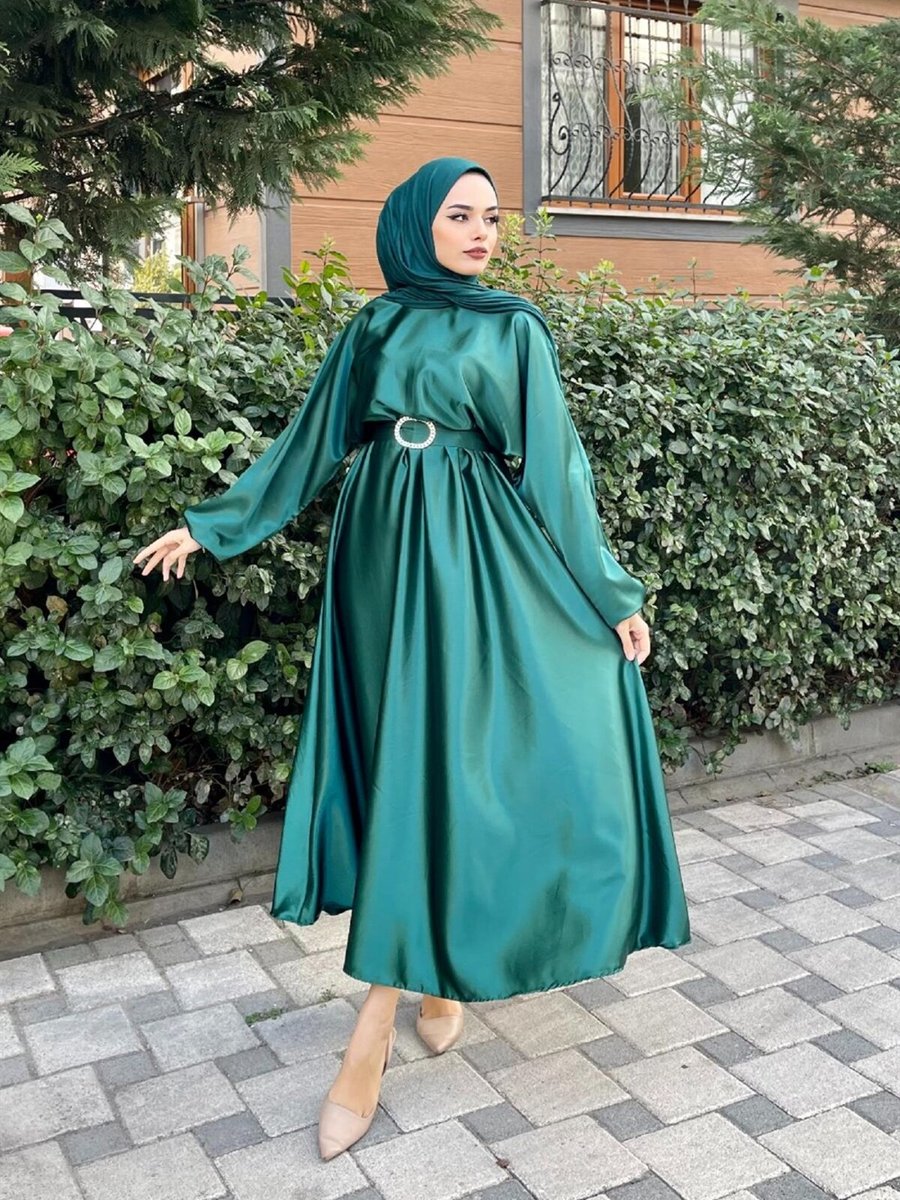 Şule Giyim Beli Lastikli Kemerli Saten Abiye Elbise Yeşil