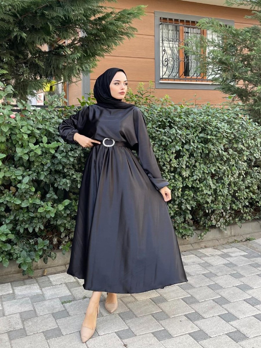 Şule Giyim Beli Lastikli Kemerli Saten Abiye Elbise Siyah