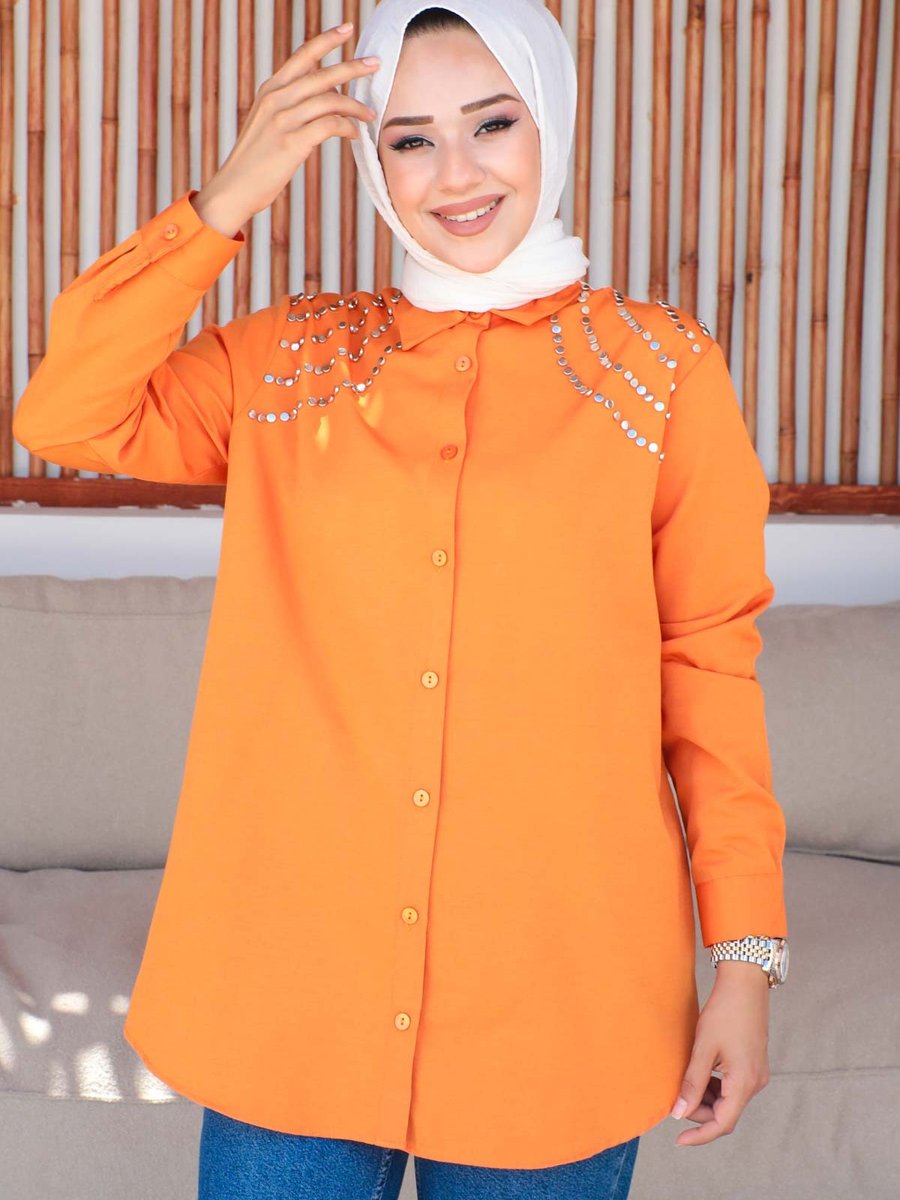 İmajbutik Orange Omuz Zımba Poplin Gömlek