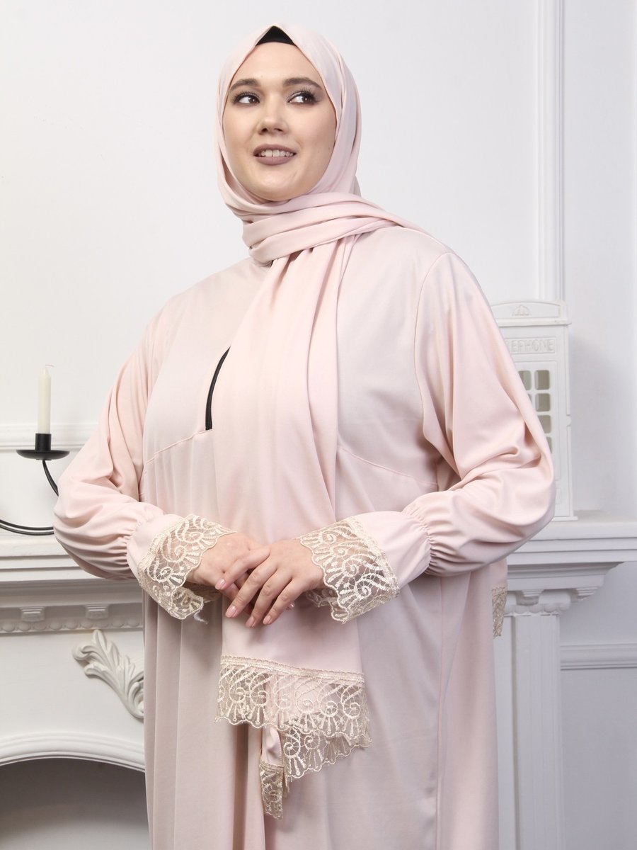 Kutay Collection Başörtülü Krem Şık Namaz Elbisesi