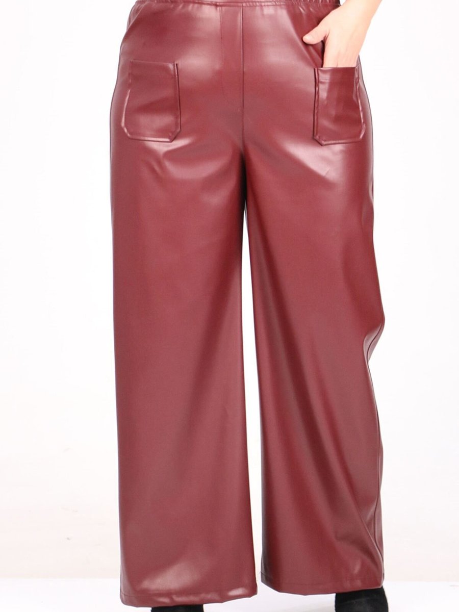 Moda Rosa Bordo Büyük Beden Bol Paça Deri Pantolon