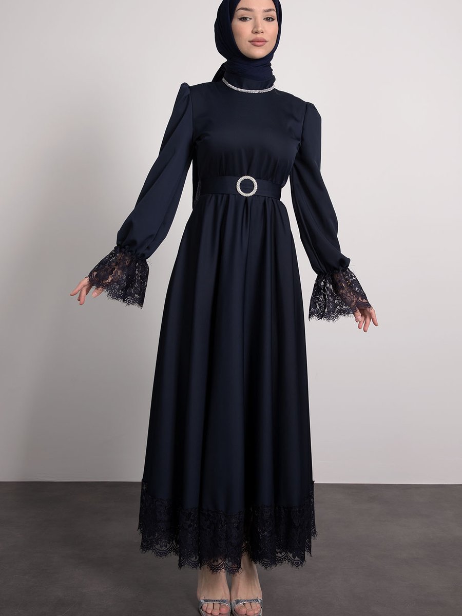 Lamia Giyim Dantelli İşlemeli Yaka Detaylı Abiye Elbise Lacivert
