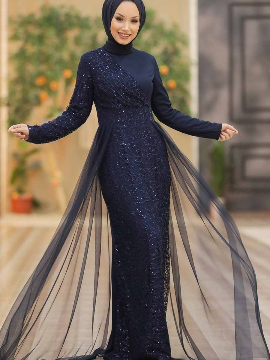 Neva Style Pul Payetli Lacivert Abiye Elbise