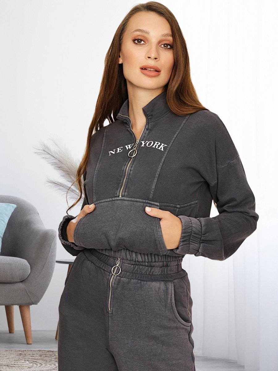 Select Moda Gri Yarım Fermuarlı Beli Lastikli Crop Sweatshirt