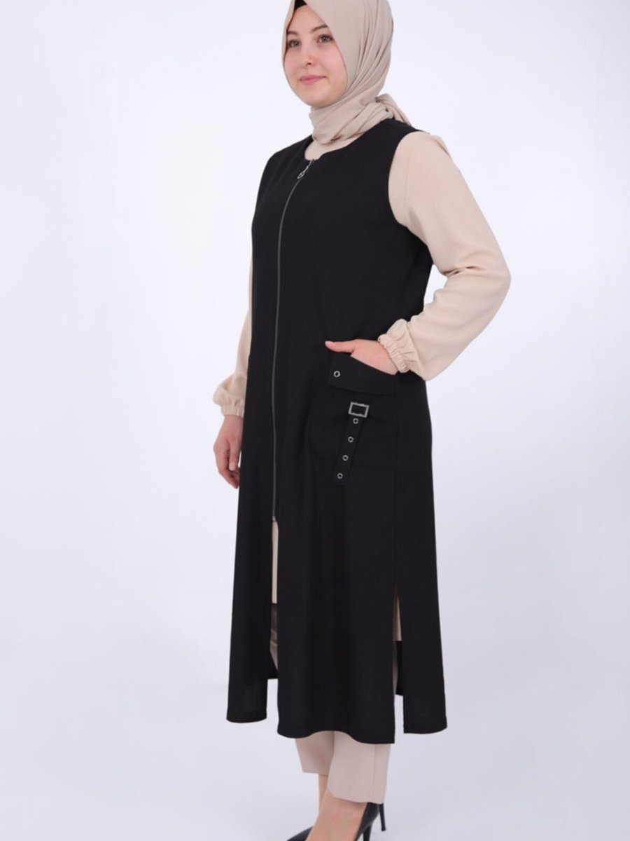 Ön-er Giyim Siyah Kuş Gözü Detaylı Fermuarlı Fitilli Ottoman Kumaş Yelek