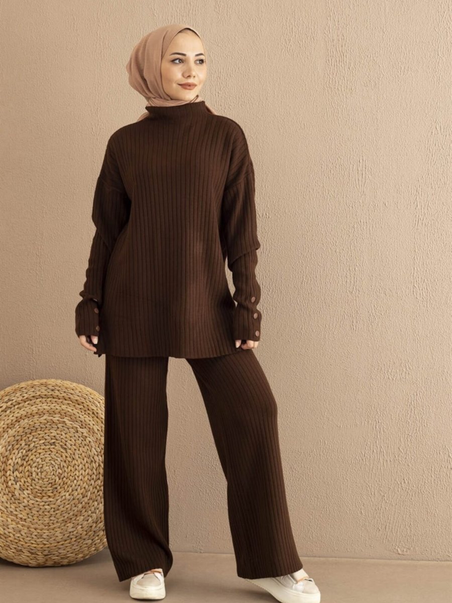 Sapha Kahverengi Kolu Düğme Detaylı Tunik Ve Pantolon Fitilli Triko Takım