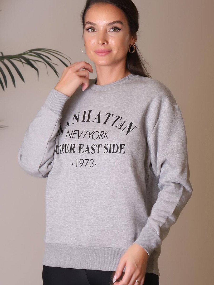 Fashion Friends Gri Melanj Yazı Baskılı Uzun Kollu Sweatshirt