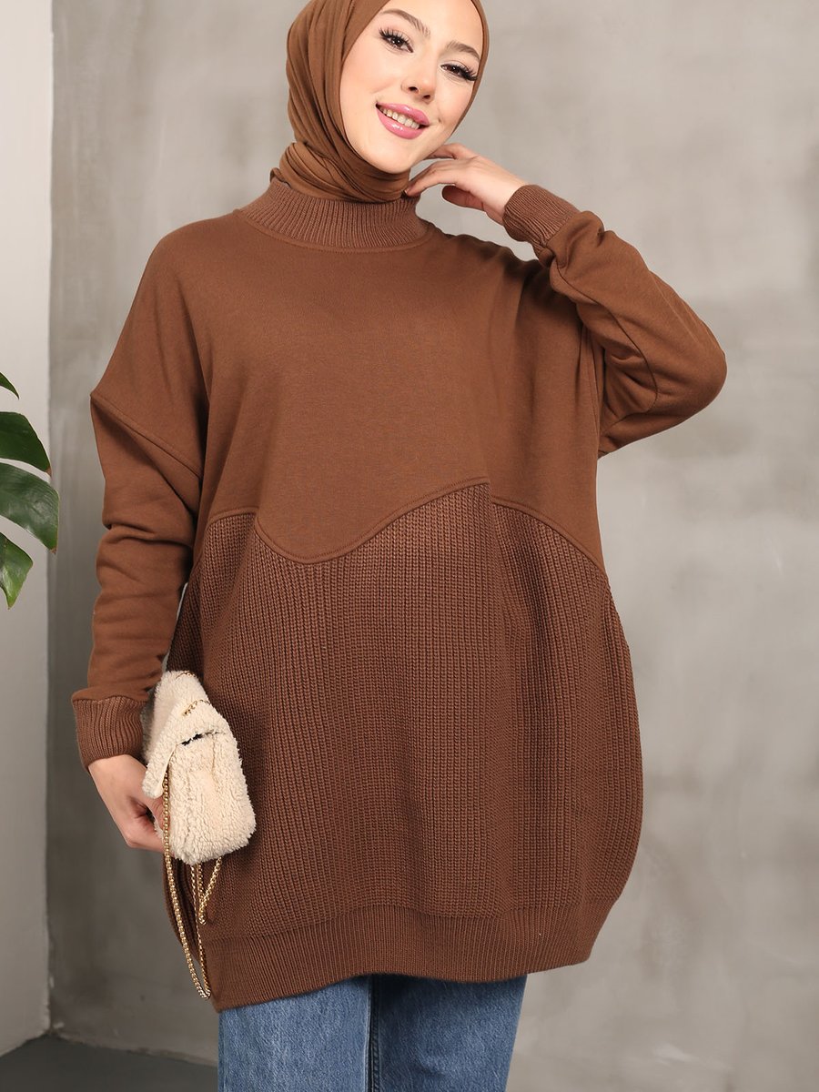 İmajbutik Kahverengi Triko Detaylı Üç İplik Şardonlu Sweatshirt