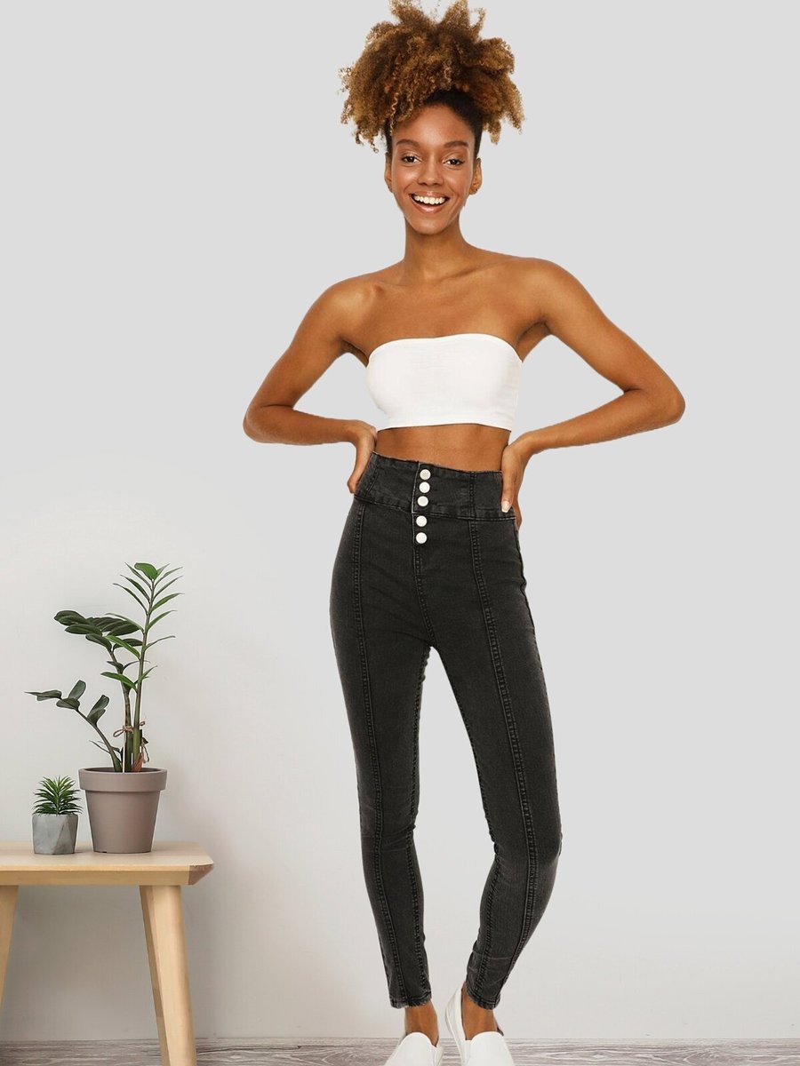 Select Moda Siyah Önden Düğmeli Yüksek Bel Skinny Jeans