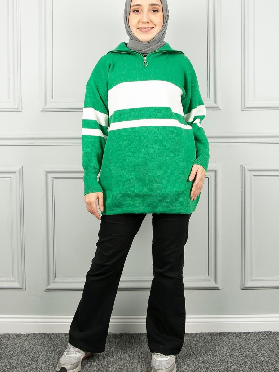 Yağızlar Giyim Yeşil Çizgili Yarım Fermuarlı Triko Tunik