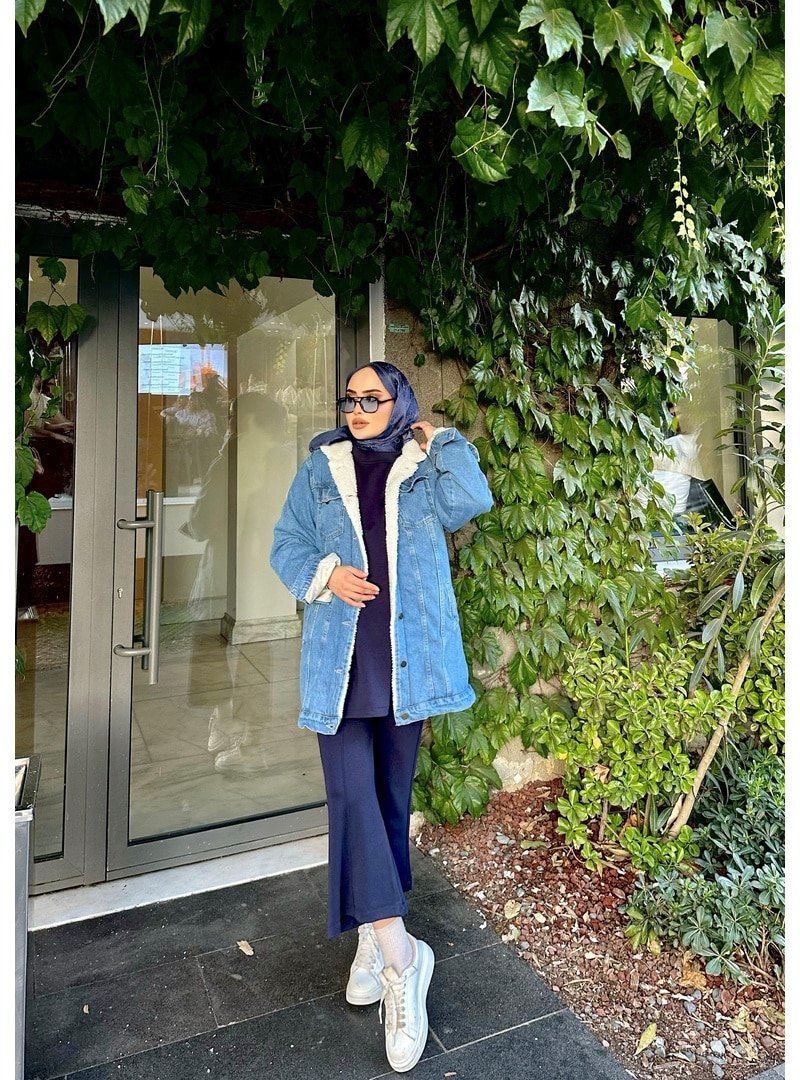 Lurex Moda İçi Kürklü Uzun Kot Ceket Mavi