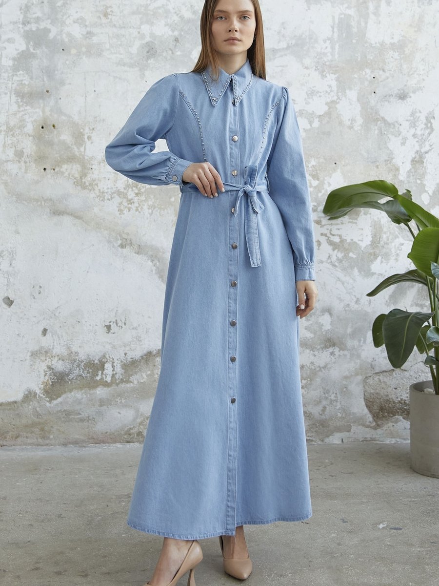Instyle Boncuk Detaylı Kuşaklı Kot Elbise Açık Mavi