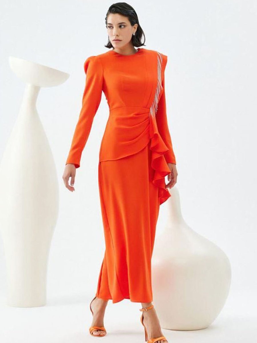 Puane Orange Drapesi Taşlı Abiye Elbise