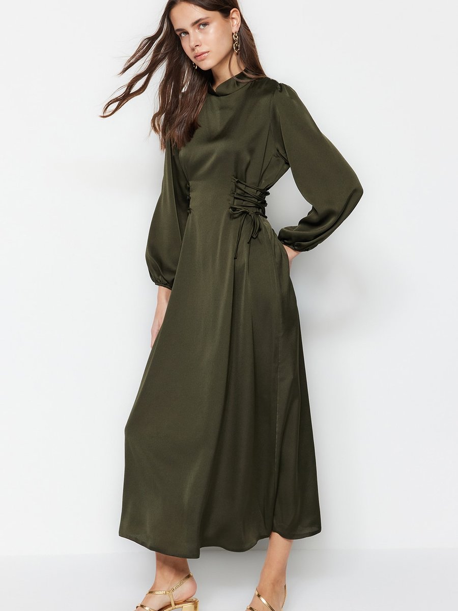 Trendyol Modest Haki Beli Britli Saten Abiye Elbise