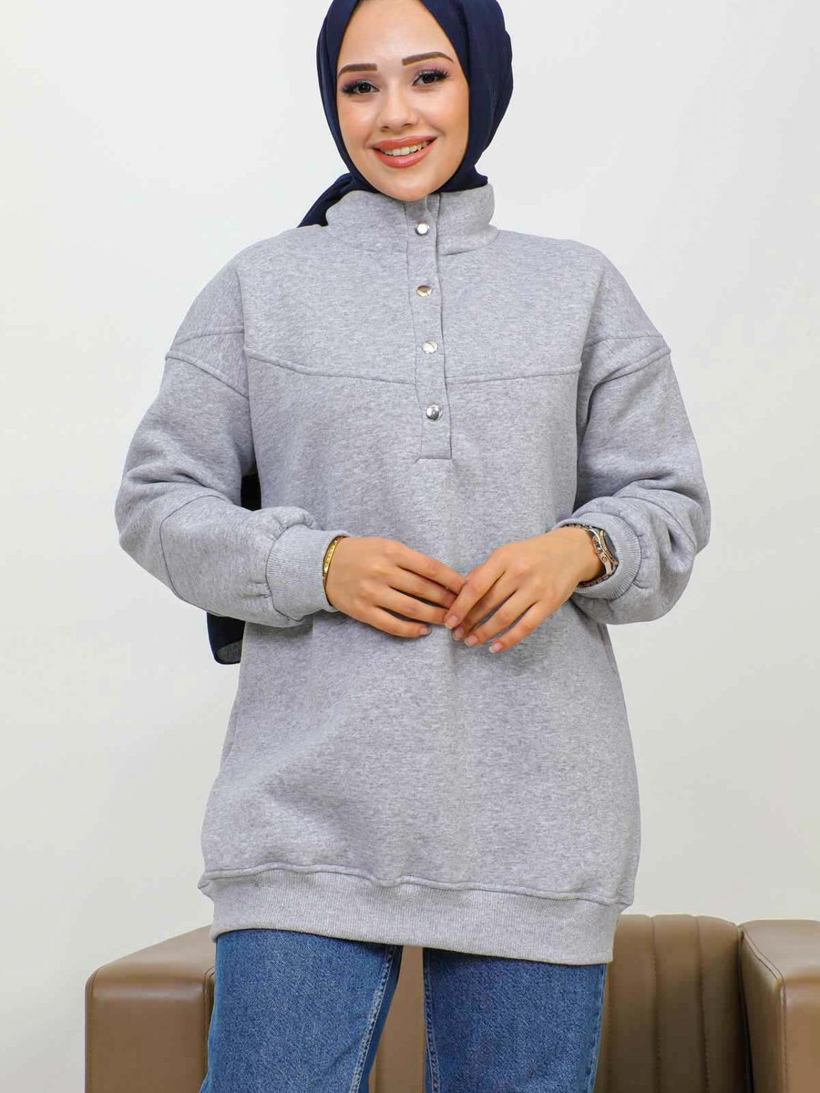 İmajbutik Gri Yaka Çıtçıtlı Üç İplik Şardonlu Sweatshirt