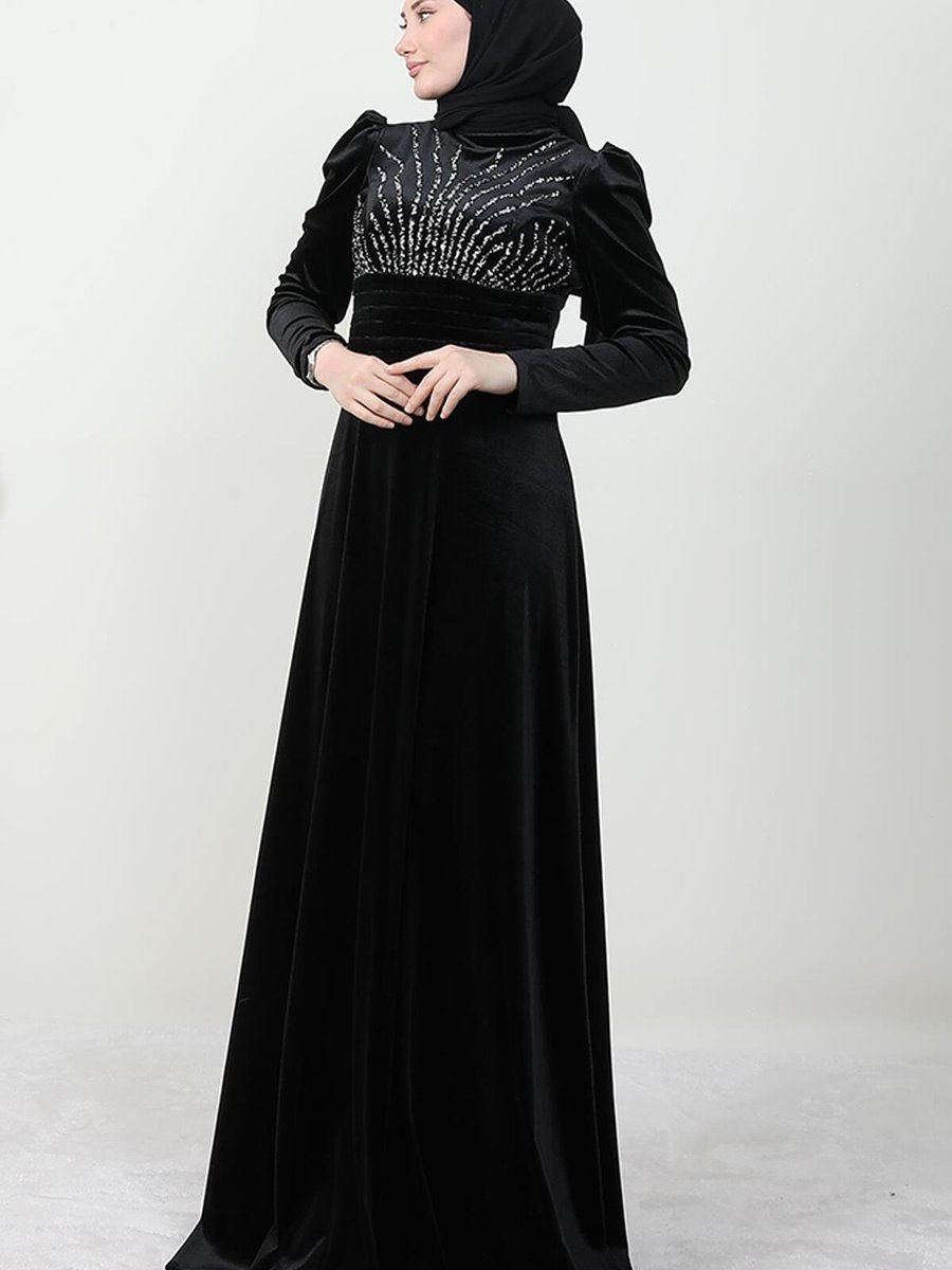 Giza Giyim Pile Detay Kadife Abiye Elbise Siyah