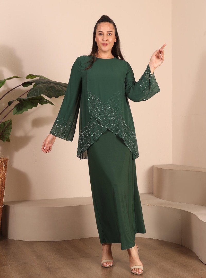Ferace Zümrüt Yeşili Kadin Buyuk Beden Elbise İnce Tas Baskılı Tesettur Abiye Takım