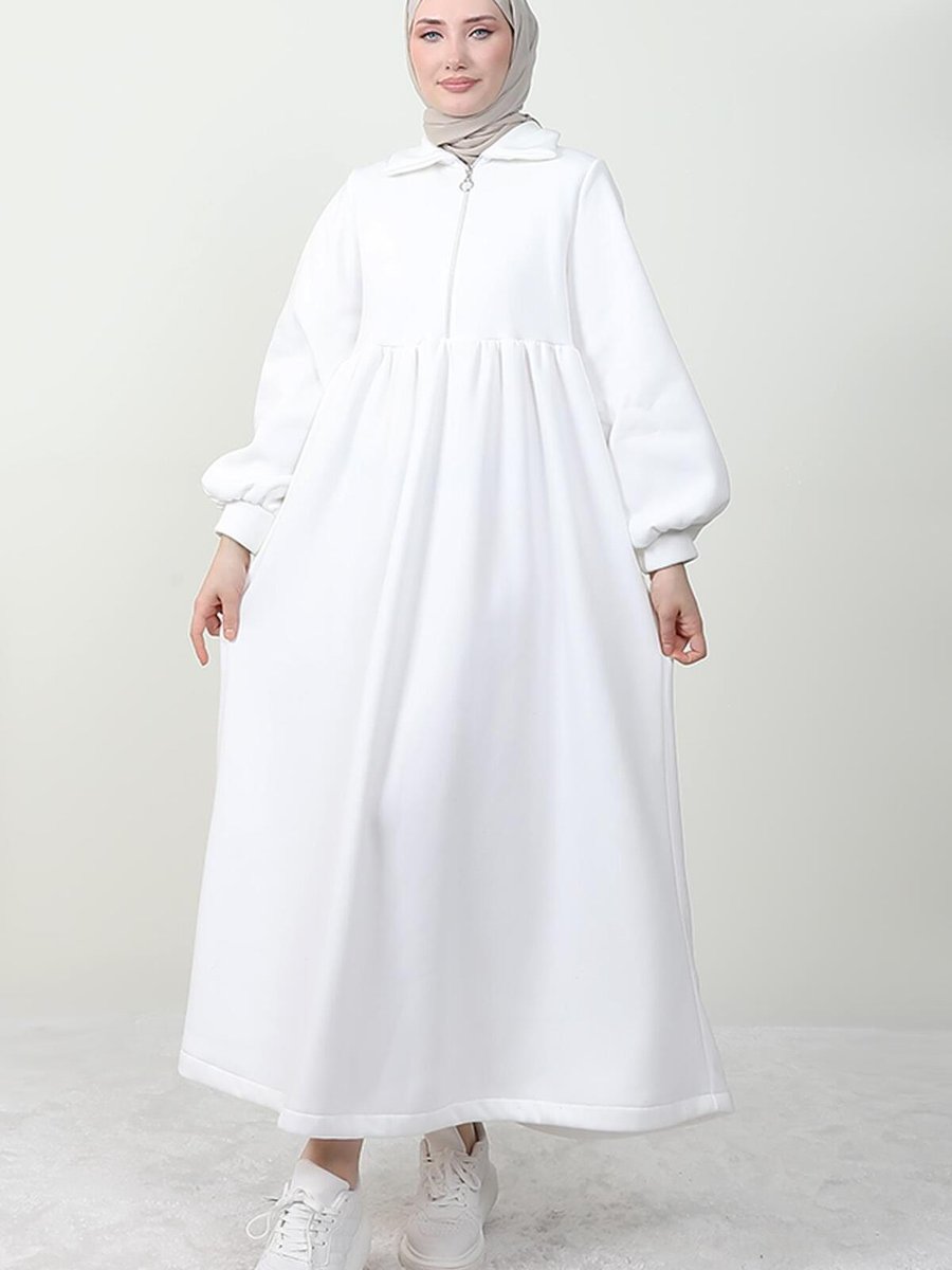 Giza Giyim Yaka Detay Fermuarlı Elbise Beyaz