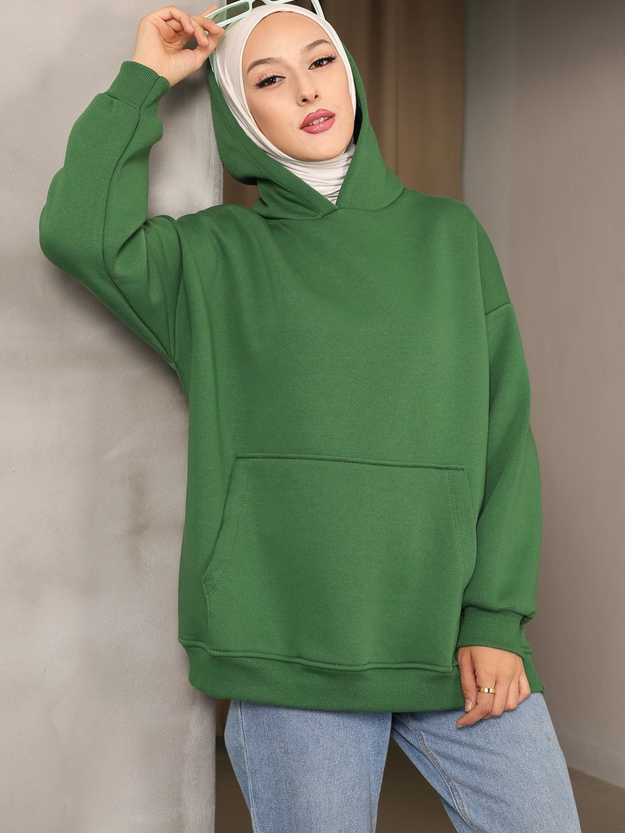 İmajbutik Zümrüt Yeşili Kapüşonlu Oversize Üç İplik Şardonlu Sweatshirt