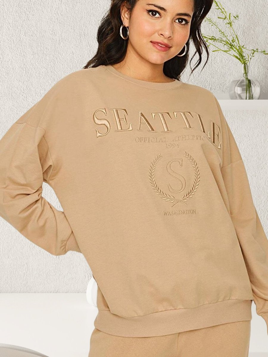 Select Moda Kahverengi Yazı Detaylı Basic Örme Sweatshirt