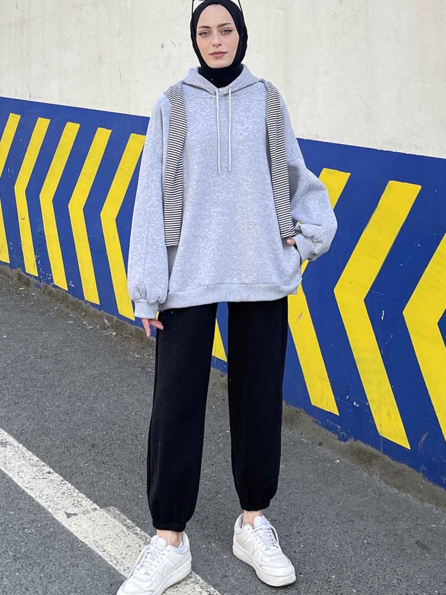 Lamelif Kapüşonlu Oversize Yan Cepli Sweat