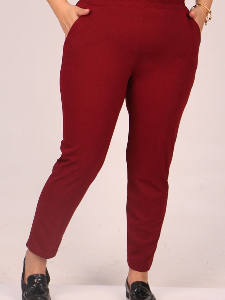 Moda Rosa Bordo Büyük Beden Beli Lastikli Scuba Pantolon