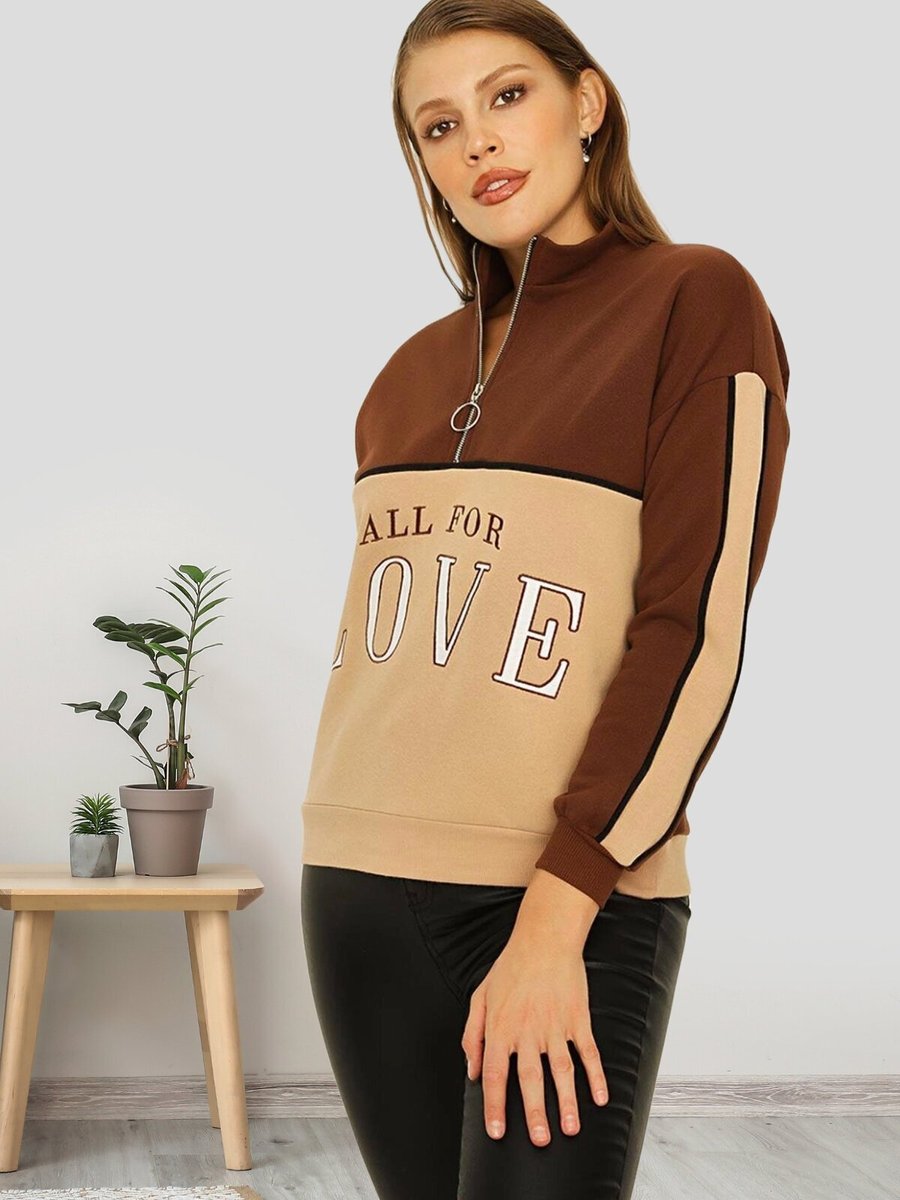 Select Moda Kahverengi Renk Bloklu Dik Yaka Örme Sweatshirt