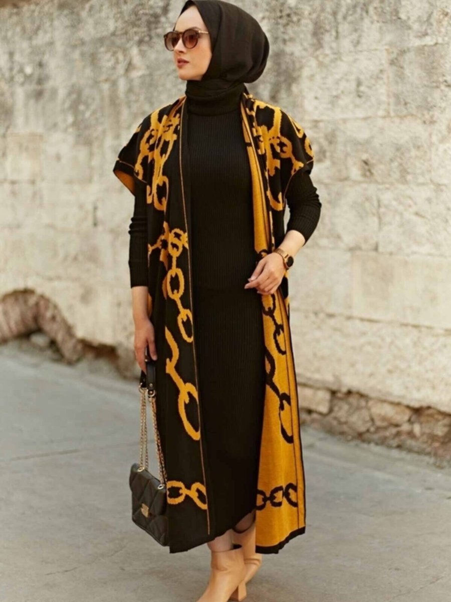Şems Fashion Kumaş Yelek Ve Elbise İkili Triko Takım