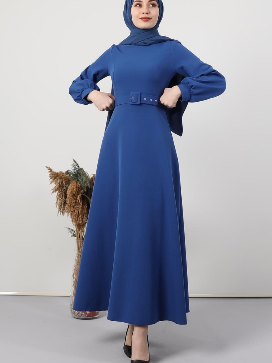 Giza Giyim Kemerli Kloş Elbise Mavi