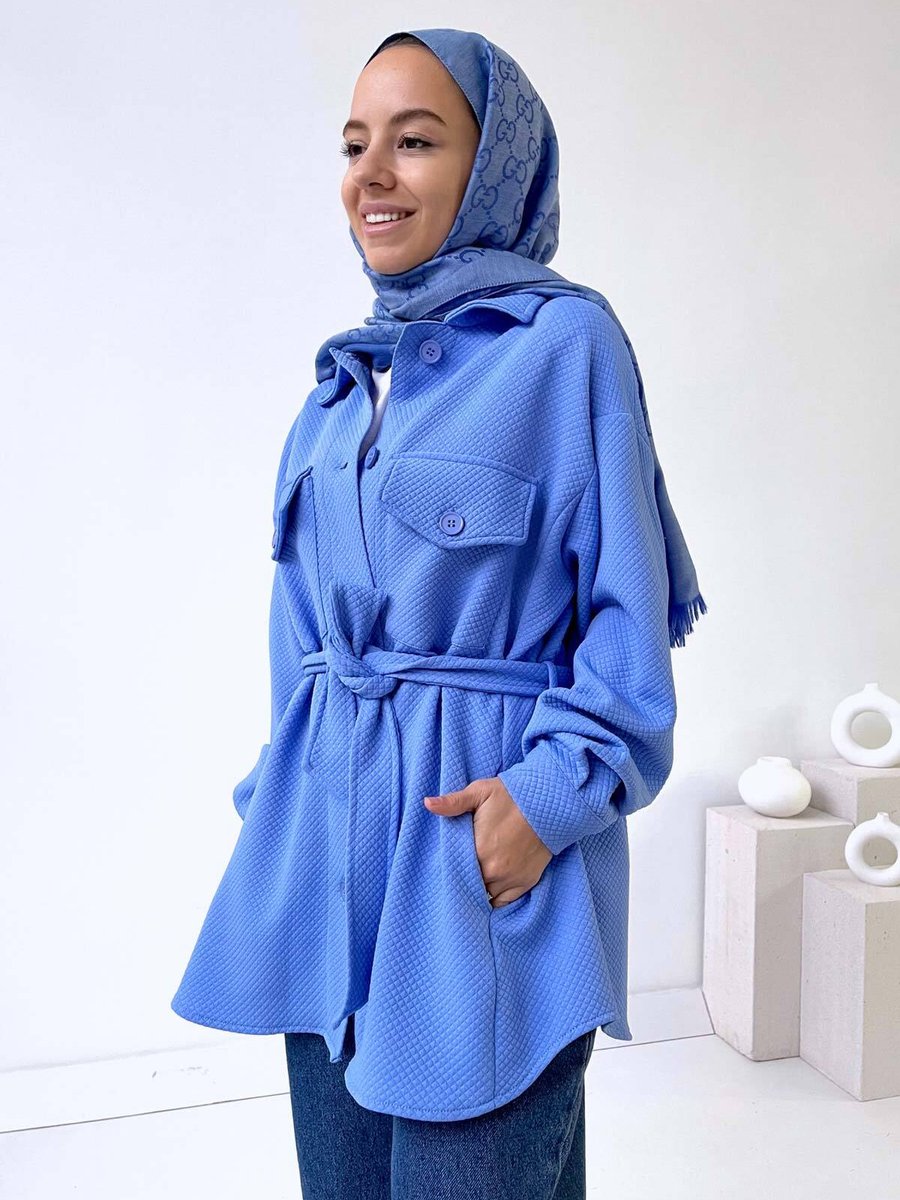 Ka Hijab Kendinden Desenli Kuşaklı Gömlek Mavi