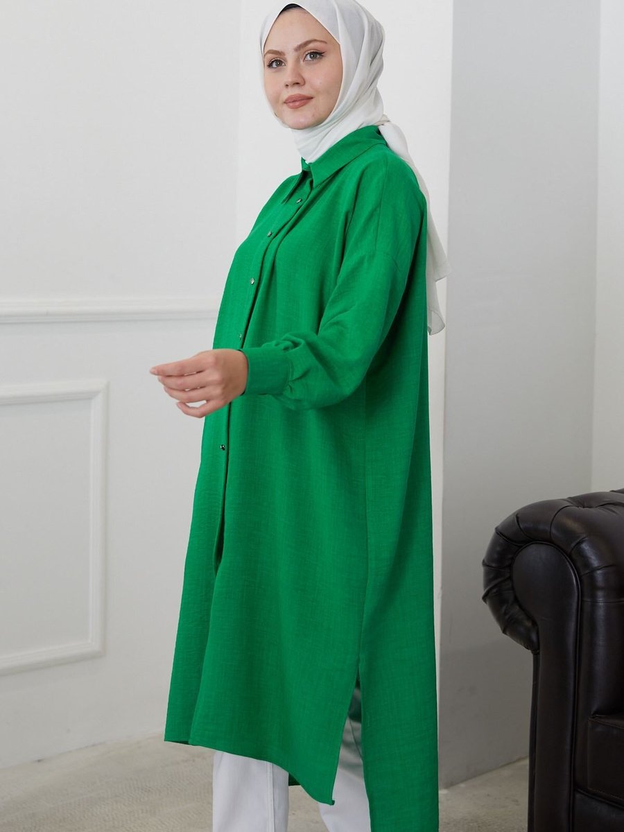 Spesniks Yeşil Uzun Yırtmaçlı Manşetli Tunik