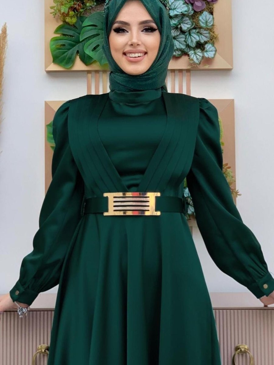 Trendtesettür Yeşil (zümrüt) Kemerli Drape Detaylı Saten Abiye Elbise T