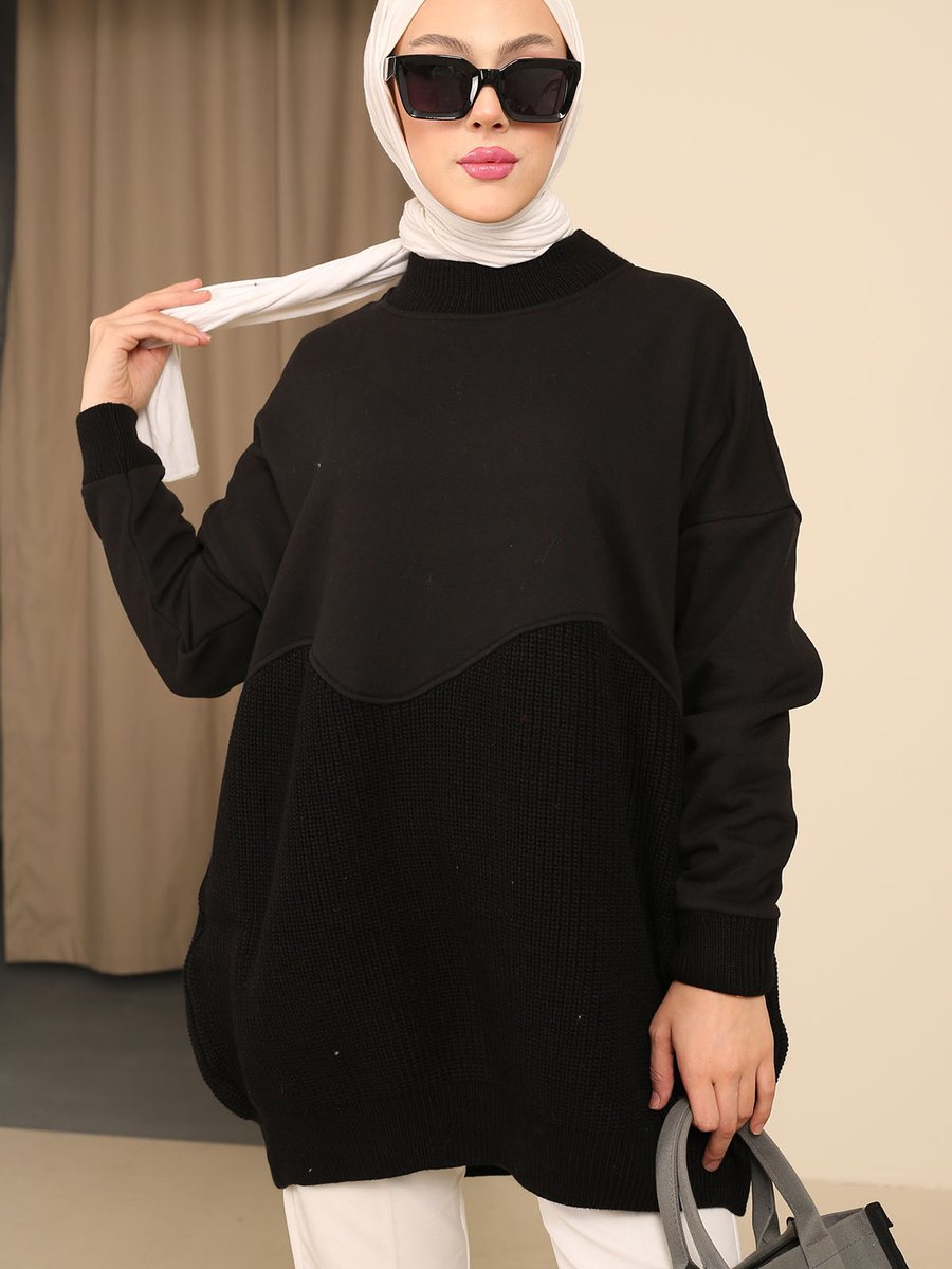 İmajbutik Siyah Triko Detaylı Üç İplik Şardonlu Sweatshirt