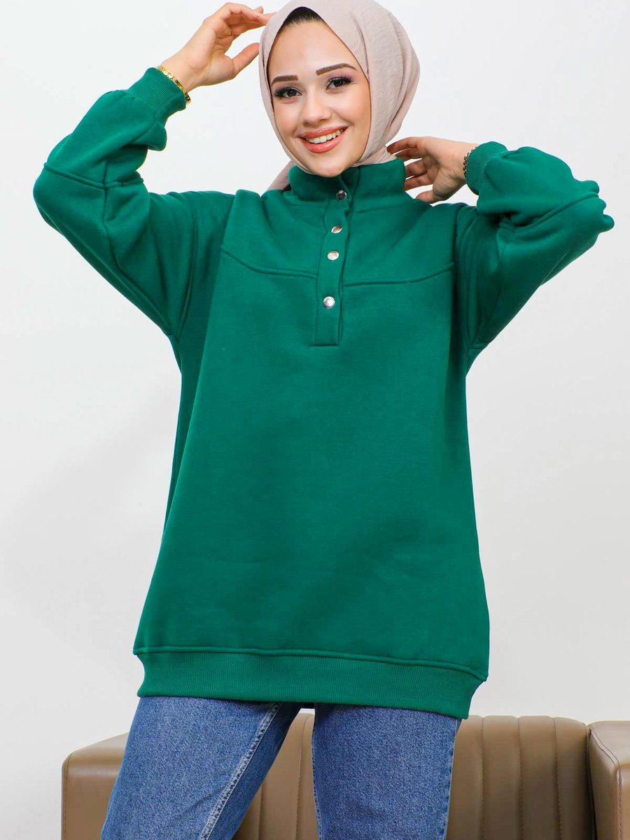 İmajbutik Zümrüt Yeşili Yaka Çıtçıtlı Üç İplik Şardonlu Sweatshirt