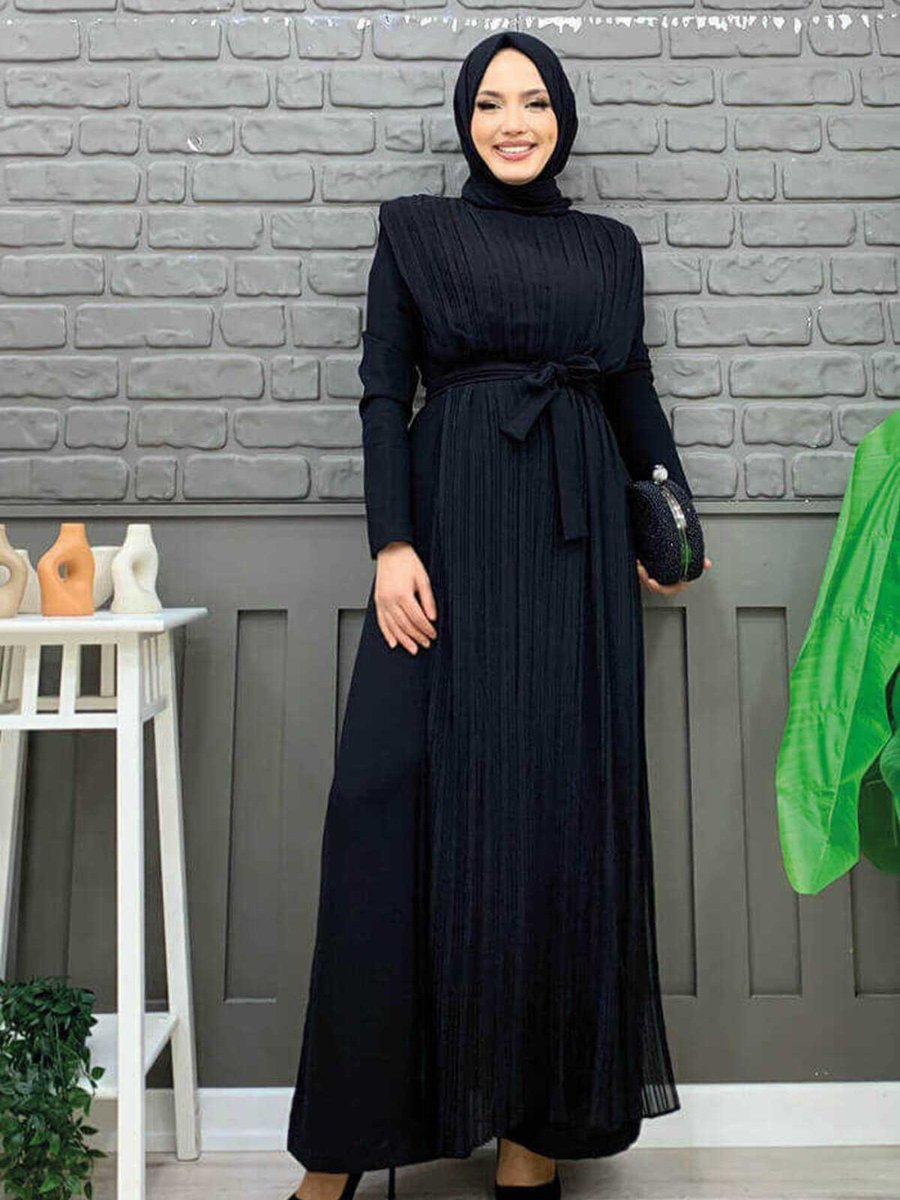 Bym Fashion Piliseli Şifon Pelerin Detay Bel Kuşaklı Tulum Siyah
