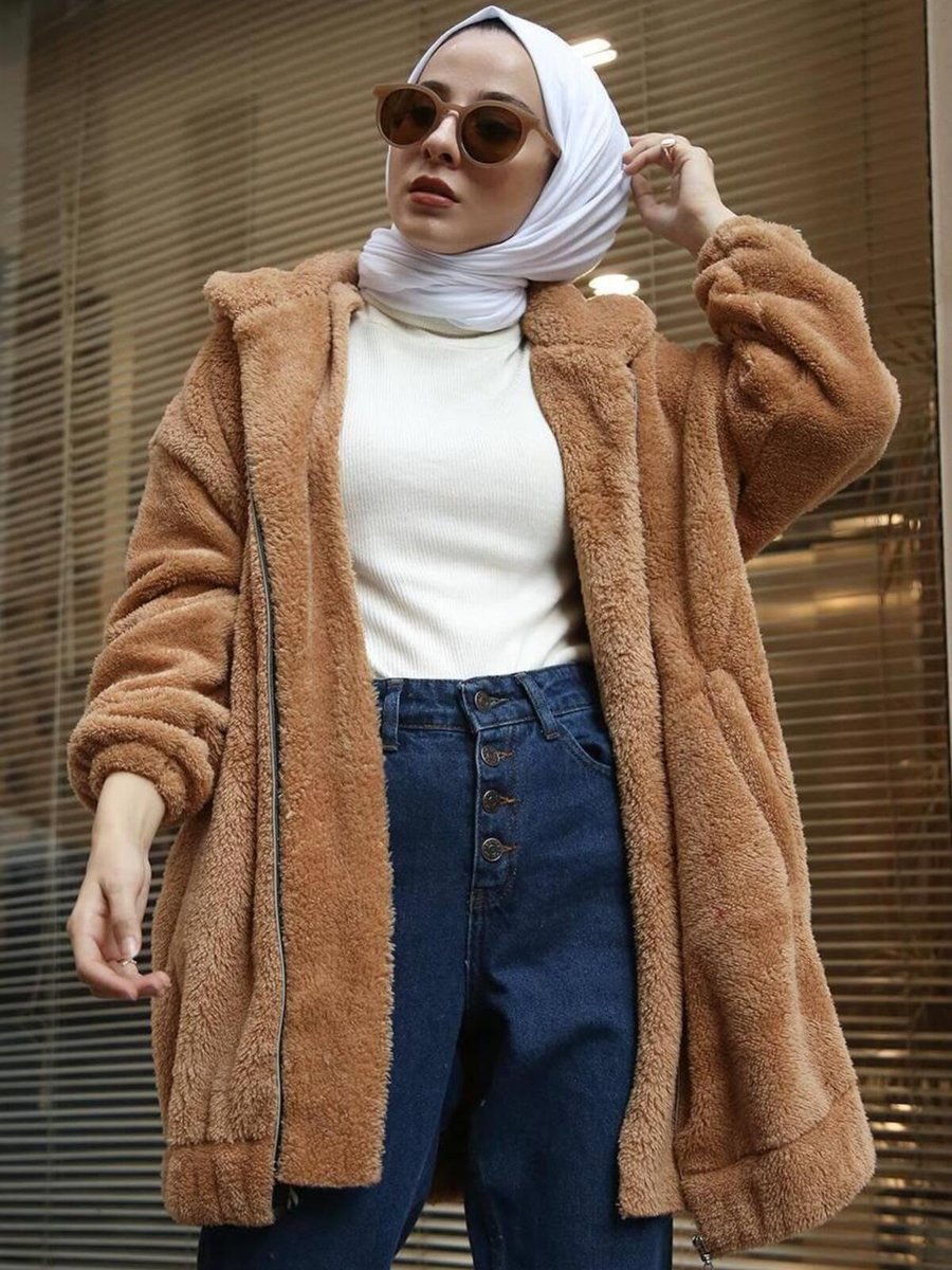 Moda Periy Kadın Modest Basic Mevsimlik Kışlık Fermuarlı Cepli Peluş Hırka Kap
