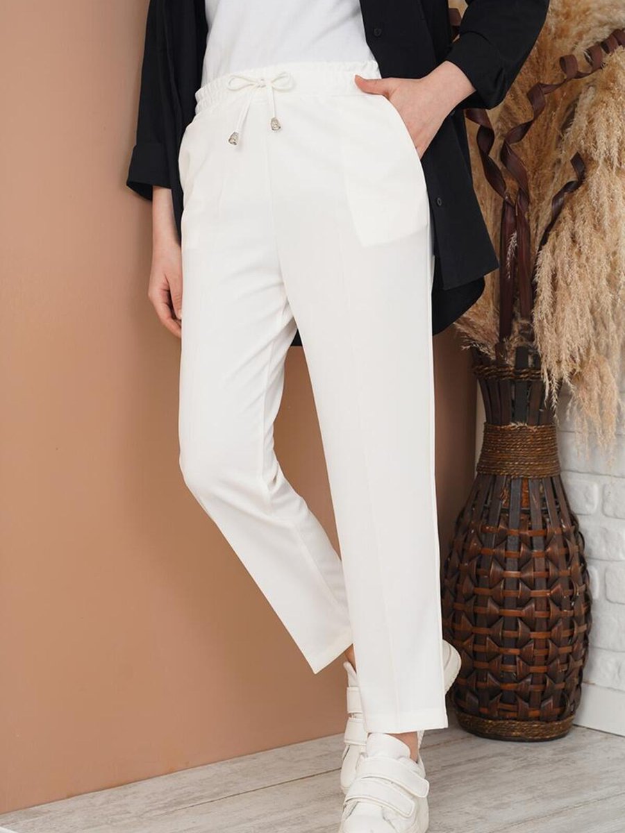 Benguen İp Detaylı Beli Lastikli Bilekte Pantolon Beyaz
