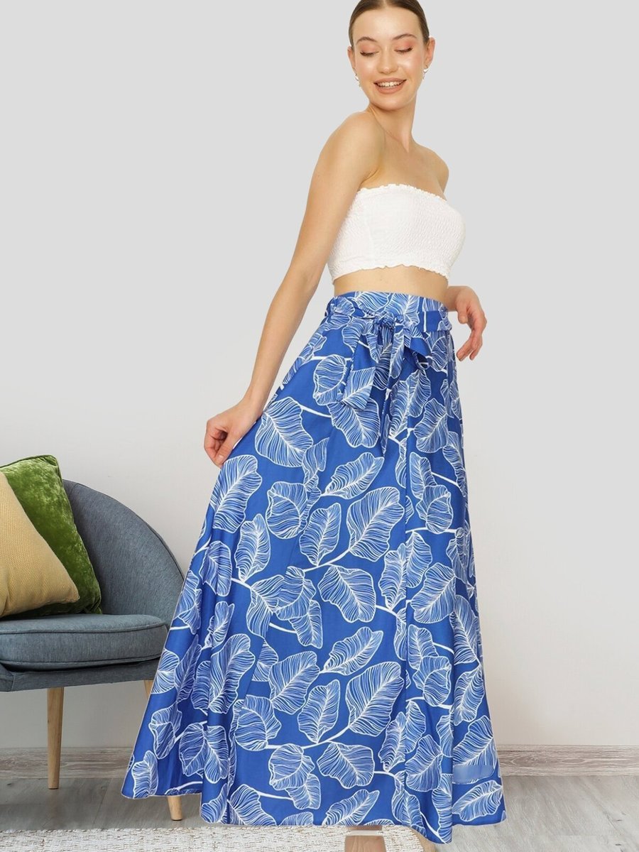Select Moda Mavi Desenli Kuşaklı Volanlı Uzun Etek