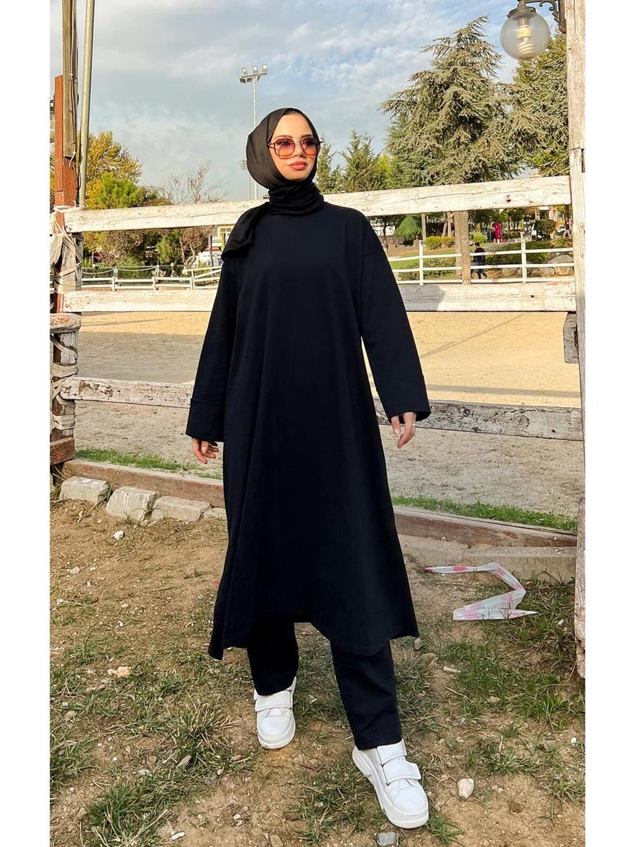 Bwest O Yaka Yırtmançlı Uzun Geniş Rahat Tunik Pantolon Sade Basic Spor Takımı Siyah