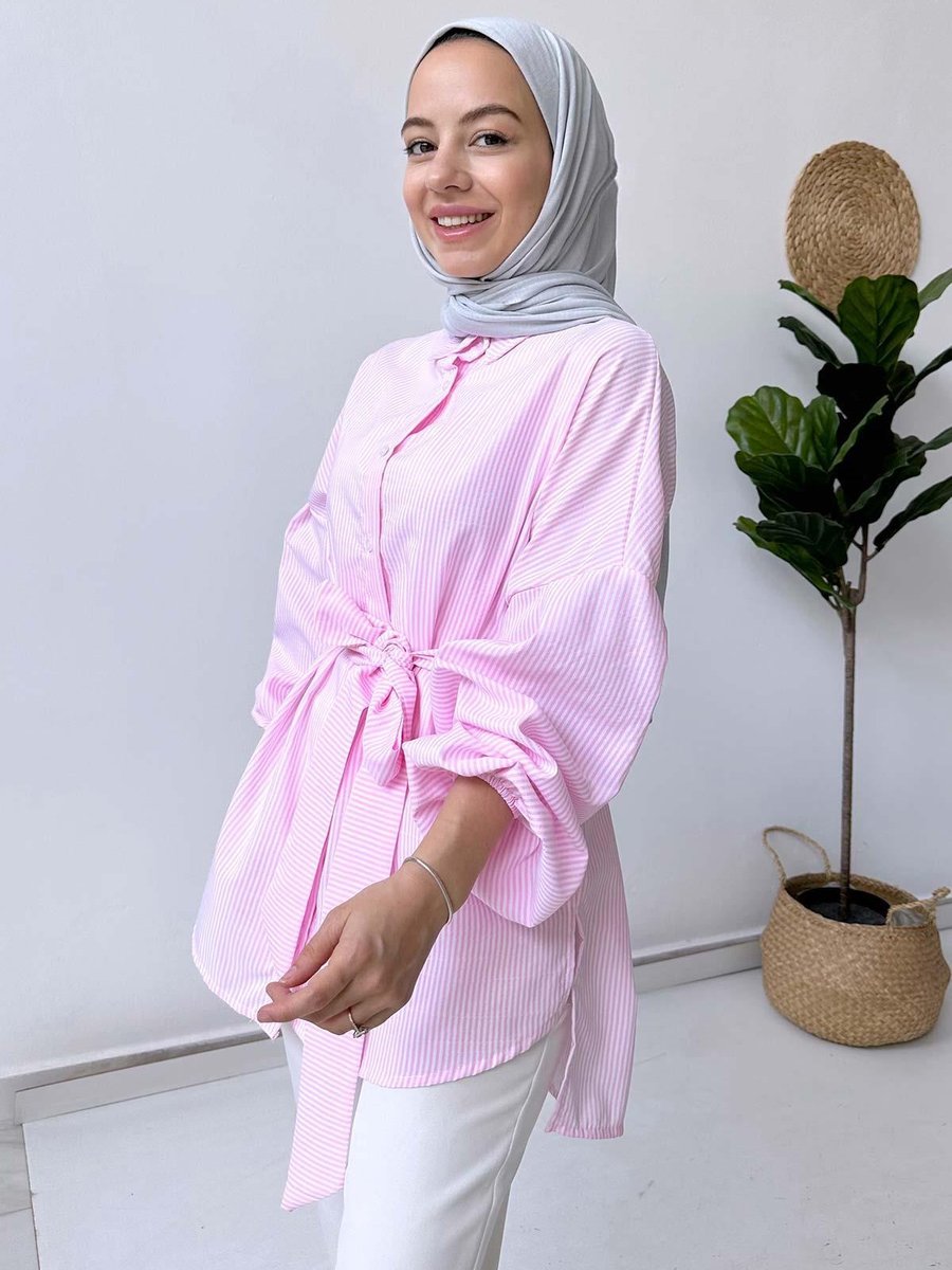 Ka Hijab Balon Kol Çizgili Gömlek Pembe