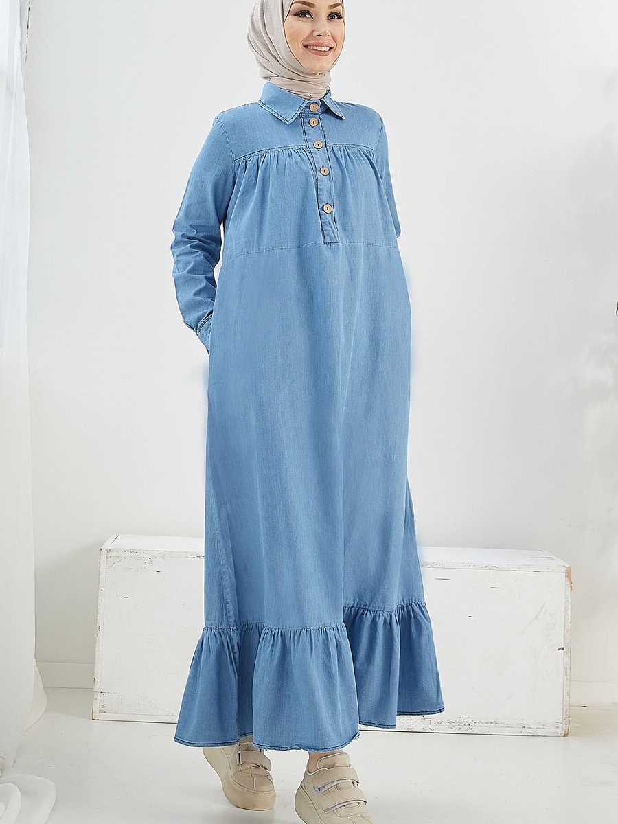 Instyle Mandes Robalı Fırfırlı Salaş Kot Elbise Açık Mavi