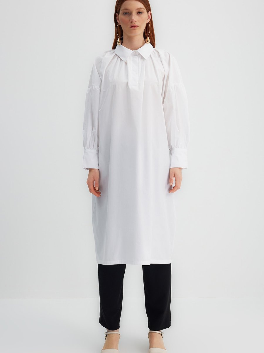 Trendyol Modest X Kevser Sarıoğlu Beyaz Yarım Pat Büzgü Detaylı Pamuk Poplin Dokuma Tunik