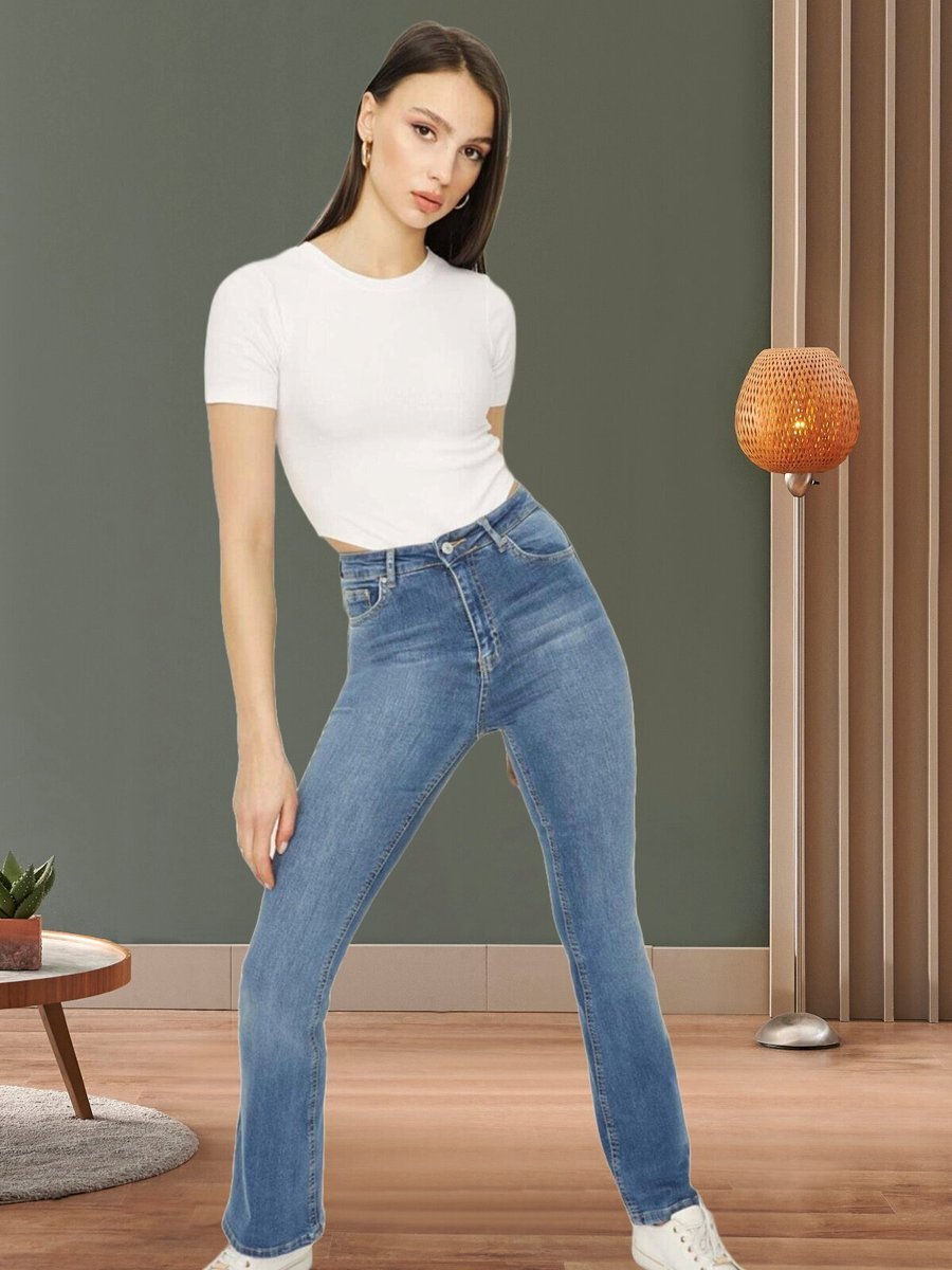 Select Moda Mavi Yüksek Bel Geniş Paça Jeans