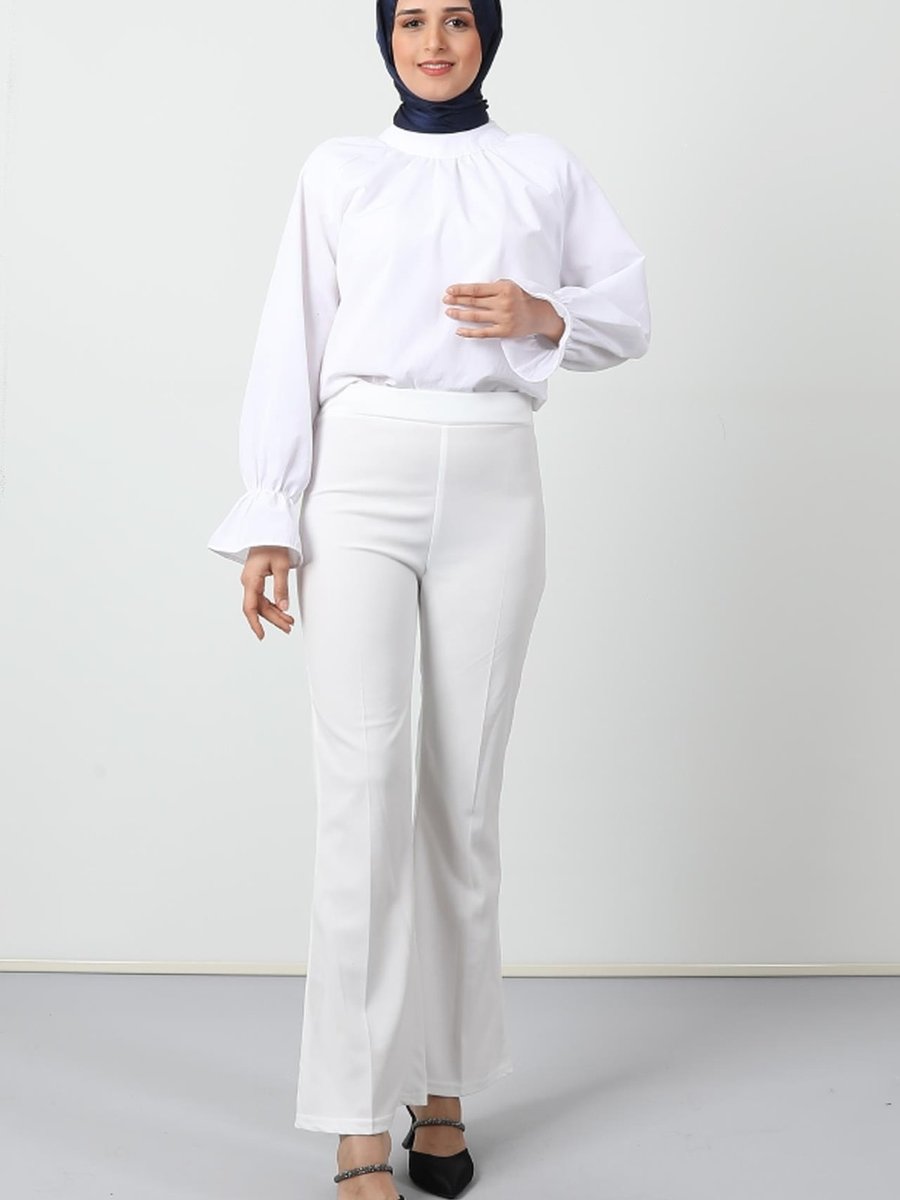 Giza Giyim Beli Lastikli Ispanyol Pantolon Beyaz