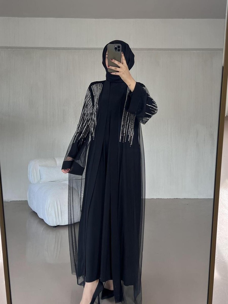 Sawosh Taş İşlemeli Tasarım Abaya Siyah