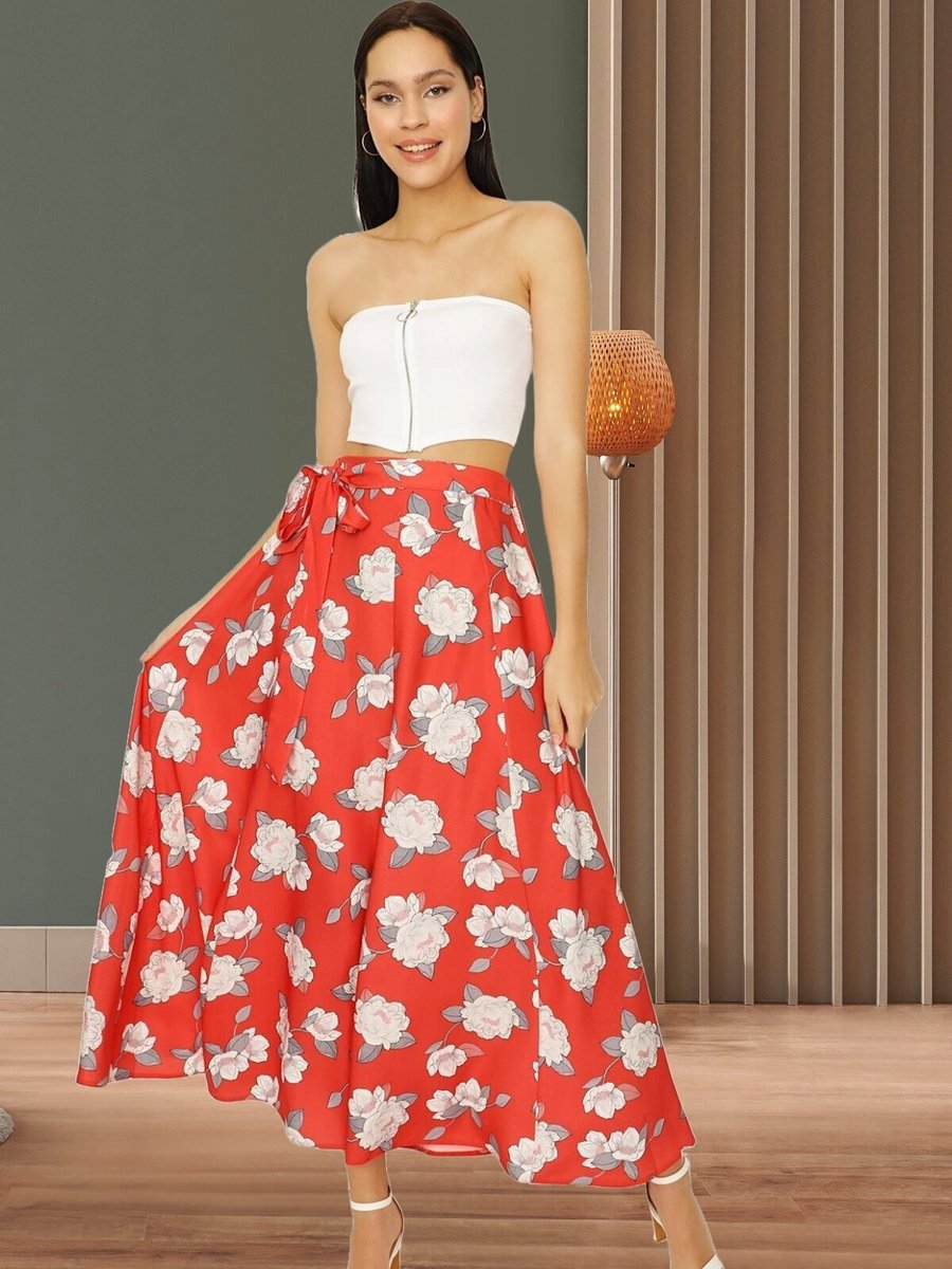 Select Moda Kırmızı Çiçek Desenli Kuşaklı Volanlı Uzun Etek