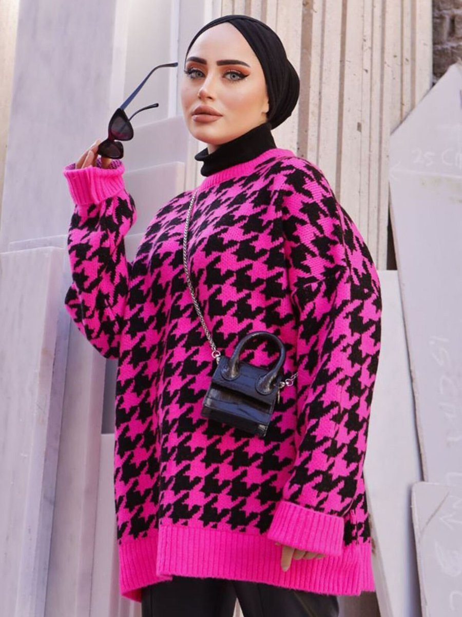 Moda Rosa Fuşya Kazayağı Desenli Triko Tunik